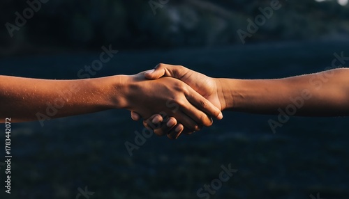 Two hands shaking in half-light on dark moody background, symbol of cooperation, trust, partnership, and agreement.