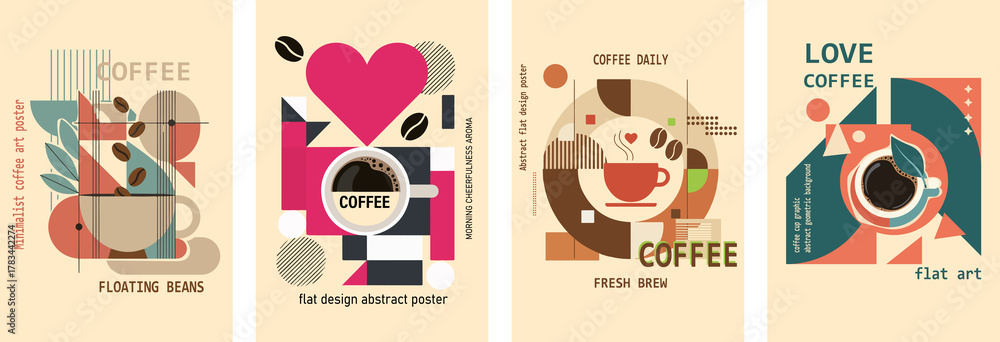 Fototapeta Modern geometric coffee poster collection. Flat design abstract art with coffee beans and cups.