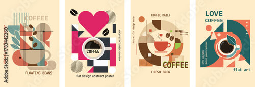 Modern geometric coffee poster collection. Flat design abstract art with coffee beans and cups.