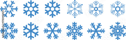 Snow Flake icon set. Minimalist winter symbols. Abstract geometric vector graphic element for New Year design. Crayon hand drawn snow flake collection. Isolated linear snow flake pictogram collection.
