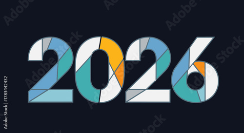 Modern vector design for 2026 featuring large numbers composed of geometric mosaic shapes and lines in blue, teal, white, and orange on a dark background.