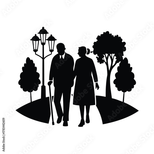 Happy Senior Couple Walking Park Silhouette