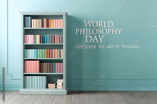 Minimal World Philosophy Day Poster with Book and Soft Shadow Design, Global Learning Concept