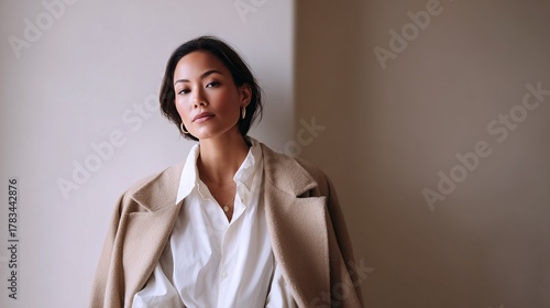 Elegant Woman in Beige Coat, Quiet Luxury Style and Modern Minimal Minimalist Fashion Portrait