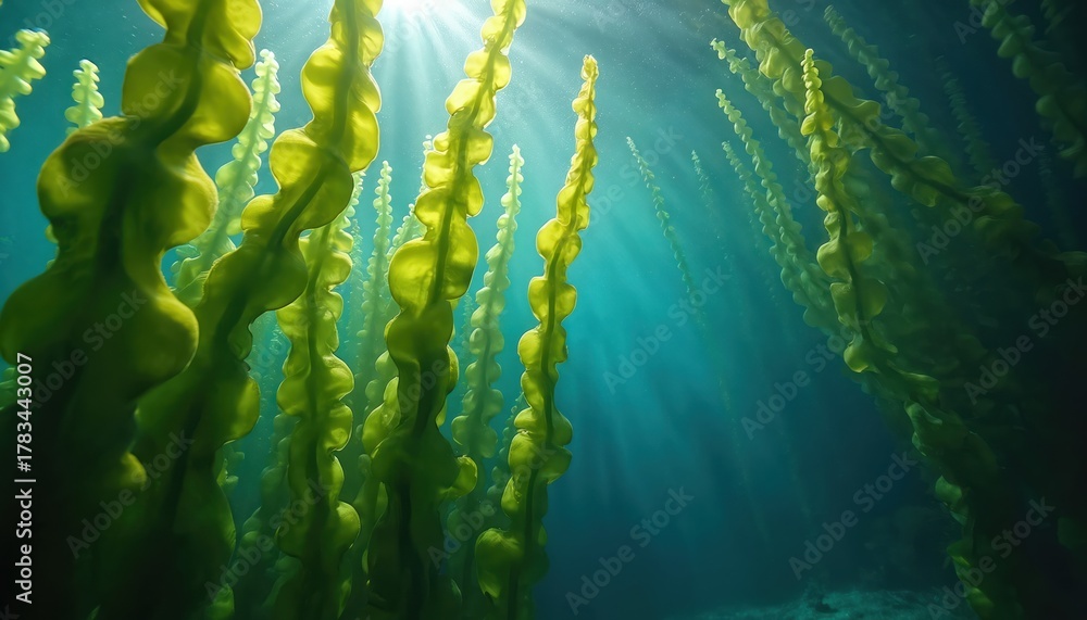 Fototapeta premium Underwater view of giant kelp forest swaying in blue ocean. Sun rays shine through green seaweed leaves. Sunlight pierces water, illuminating marine plants. Tranquil aquatic scene in deep sea