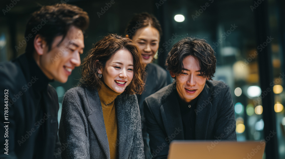 Fototapeta premium Multicultural business team brainstorming in modern office – Asian and European coworkers collaboration vector illustration 