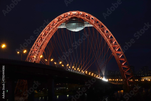 Zhivopisniy Cable-stayed bridge through the Moscow river with lighting night view close up