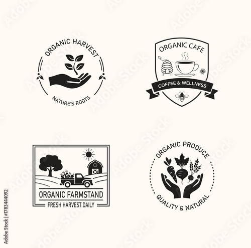 Organic Farm and Cafe Logos, Nature's Roots, Fresh Harvest Daily, Quality Produce