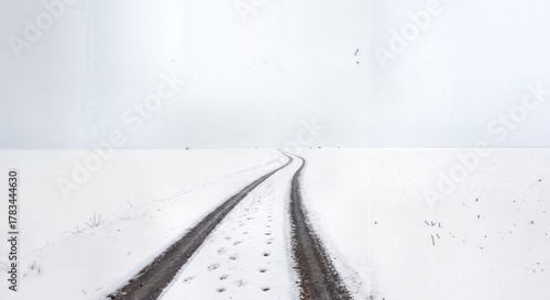 Minimalist Winter Landscape with Diagonal Path Through Snowy Field Leading to Atmospheric Horizon