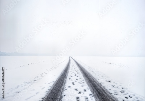 Minimalist Winter Landscape with Diagonal Path Through Snowy Field Leading to Atmospheric Horizon