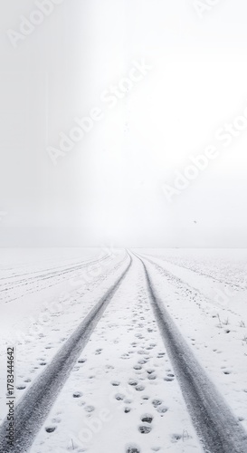 Minimalist Winter Landscape with Diagonal Path Through Snowy Field Leading to Atmospheric Horizon
