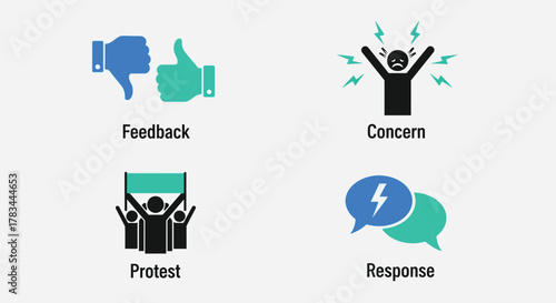 Vector illustration of illustrations showcasing feedback, concern, protest, and response icons, symbolizing diverse expressions and actions in a clean and minimalist design