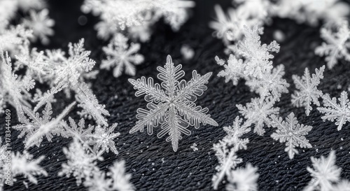 Extreme Macro Close-up of Individual Snowflake Crystal Structure with Geometric Symmetry and Ice Formation