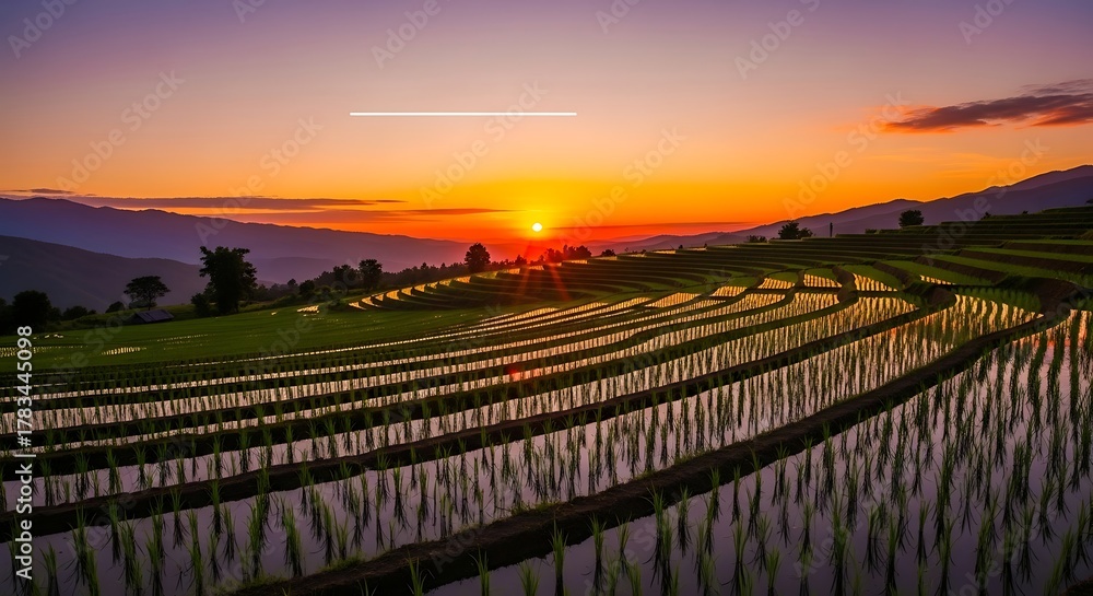 Fototapeta premium Vibrant Sunset over Terraced Rice Paddies in a Mountainous Landscape.