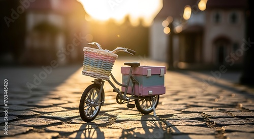 Fototapeta Naklejka Na Ścianę i Meble -  Miniature pastel delivery bicycle at sunset on a cobblestone street