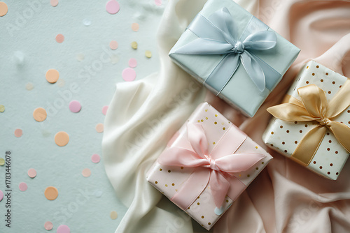 Elegant gift boxes with satin ribbons and confetti, perfect for celebrations, birthdays, weddings, and special events, creating a beautiful moment