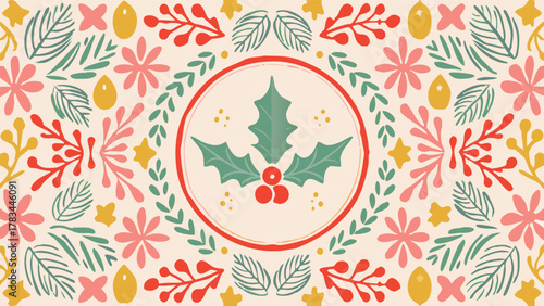 Whimsical christmas folk art pattern with holly berries and leaves in a festive color palette