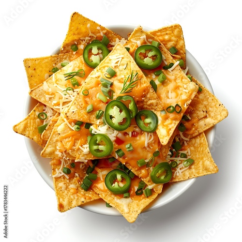A bowl filled with nachos topped with cheese and jalapenos from above view shot