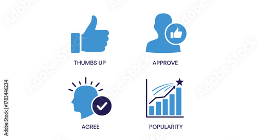 Vector illustration of illustrations showcasing thumbs up, approve, agree, and popularity concepts these icons represent positive feedback, agreement, and increasing trend