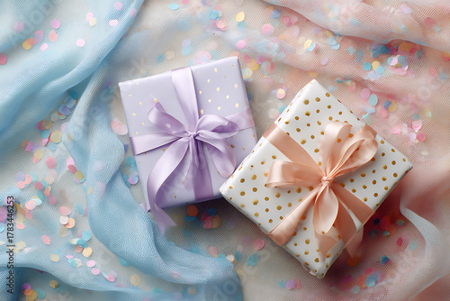 Beautifully wrapped gifts with elegant ribbons and festive confetti evoke joy and celebration for any special occasion or holiday surprise.