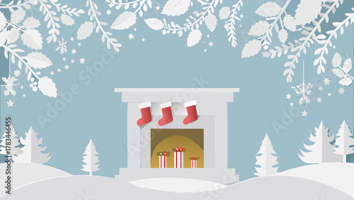 Cozy winter scene with a fireplace decorated with christmas stockings and gifts surrounded by snow covered trees and festive foliage