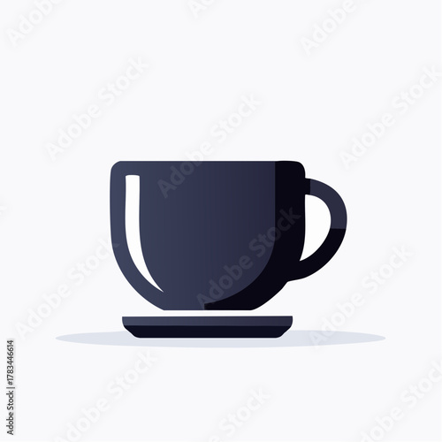 Simplified icon of a dark coffee cup and saucer against white background