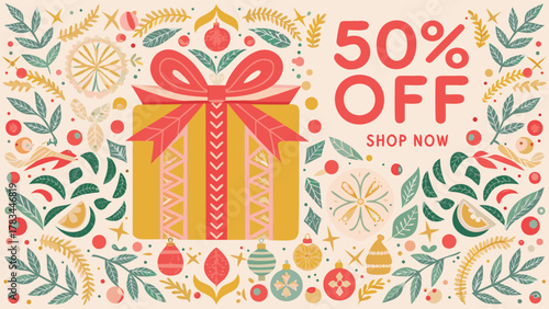Festive fifty percent off sale announcement featuring a large gift box and decorative christmas elements