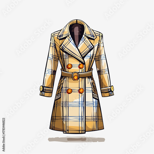 Stylish plaid trench coat illustration with belt and double breasted design