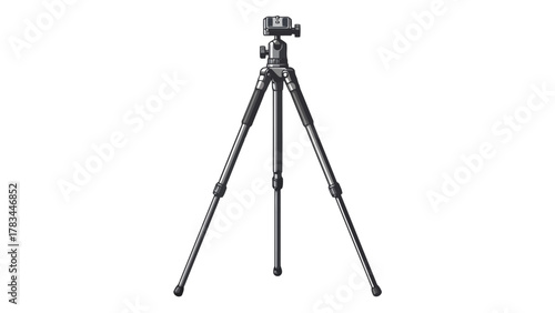 A black and grey tripod stands on a white background