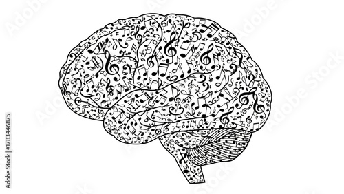 A black and white illustration of a human brain filled with musical notes