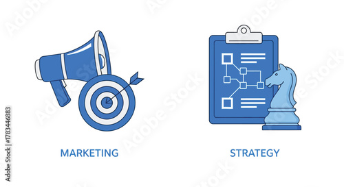 Vector illustration of marketing and strategy concept a megaphone and target represent marketing, while a clipboard, flowchart, and chess piece symbolize strategy