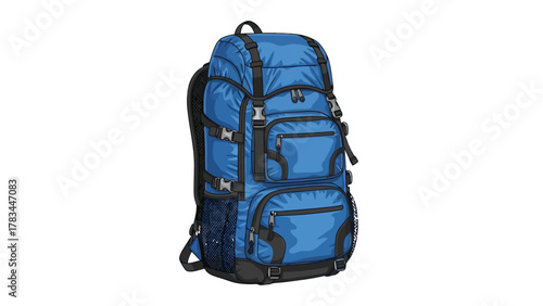A blue backpack with multiple compartments and straps