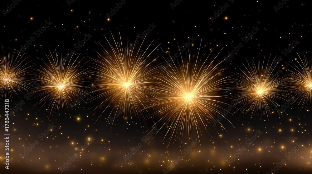 Naklejka premium Golden Sparkle Burst in Dark Night Sky, Radiating Bright Light and Creating a Magical Atmosphere for Celebrations and Festive Occasions