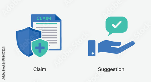 Vector illustration of illustration depicting an insurance claim form with a protective shield, symbolizing coverage and security, alongside a hand offering a suggestion with a checkmark