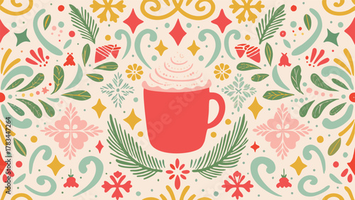 Cozy winter hot chocolate mug surrounded by festive scandinavian folk art inspired holiday ornaments and pine branches