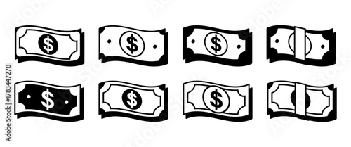 Flying Money Icon Set in Black and White Outline