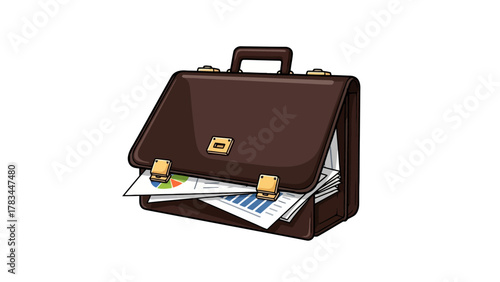 A brown briefcase overflowing with papers and documents