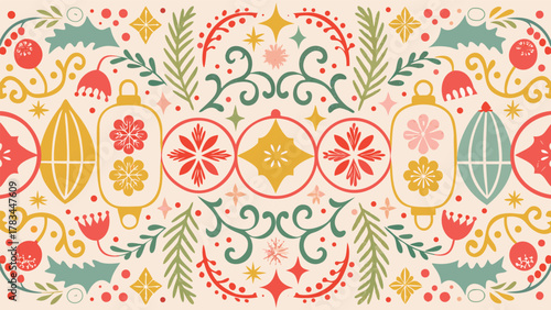 Retro mid century modern christmas holiday seamless pattern with ornaments and festive elements