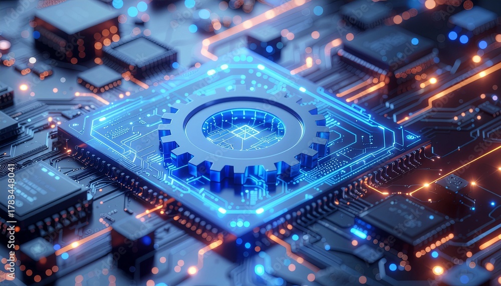 Fototapeta premium Dynamic futuristic circuit board with glowing blue and orange lights, symbolizing innovation and advanced technology in computing
