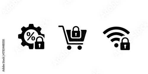 Three black icons depicting security in settings shopping and wifi on a white plain background illustration, artwork, vector