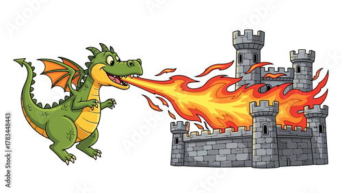 A cartoon dragon breathes fire onto a stone castle