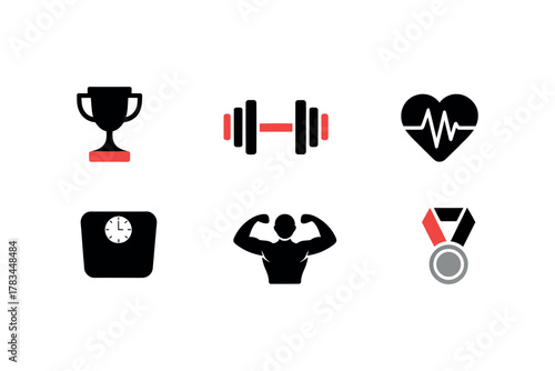 A collection of fitness icons representing achievements and healthy living in black and red color scheme illustration, artwork, vector