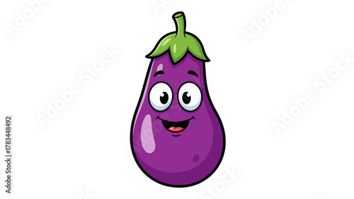 A cartoon eggplant with a smiling face and large eyes on a white background