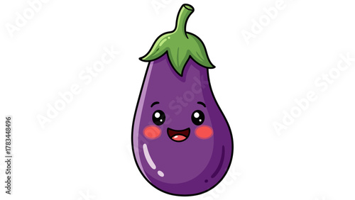 A cartoon eggplant with a smiling face and rosy cheeks