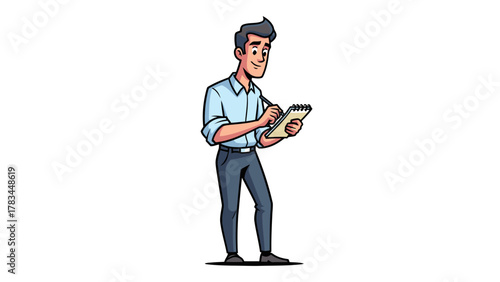 A cartoon man in a blue shirt and gray pants writing in a notepad