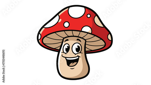 A cartoon mushroom with a happy face and red cap with white spots