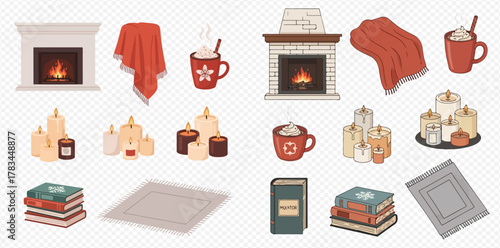 Cozy autumn and winter home decor collection with fireplaces, blankets, hot drinks, candles, books, and rugs.