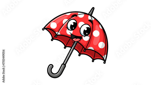 A cartoon red umbrella with white polka dots and a smiling face