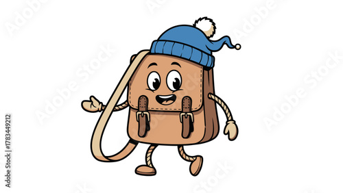 A cartoon satchel wearing a blue beanie with arms and legs