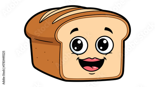 A cartoon slice of bread with a smiling face on a white background
